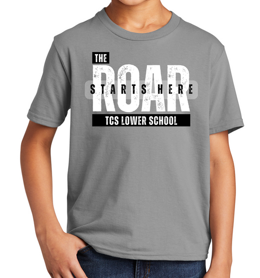 TCS Lower School "The Roar Starts Here Bar" Grey Short Sleeve T-Shirt